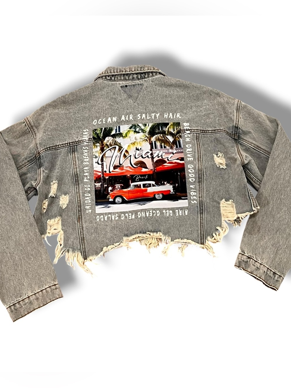 NEW Miami- Womens Cropped Denim Distressed Light Jean Jacket Trio Urban Sz S E-9